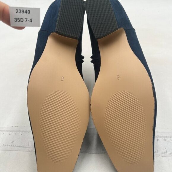 Navy Square Toe Booties Low Chunky Heels Side Zipper Ankle Boots Formal Shoes - Picture 7 of 8